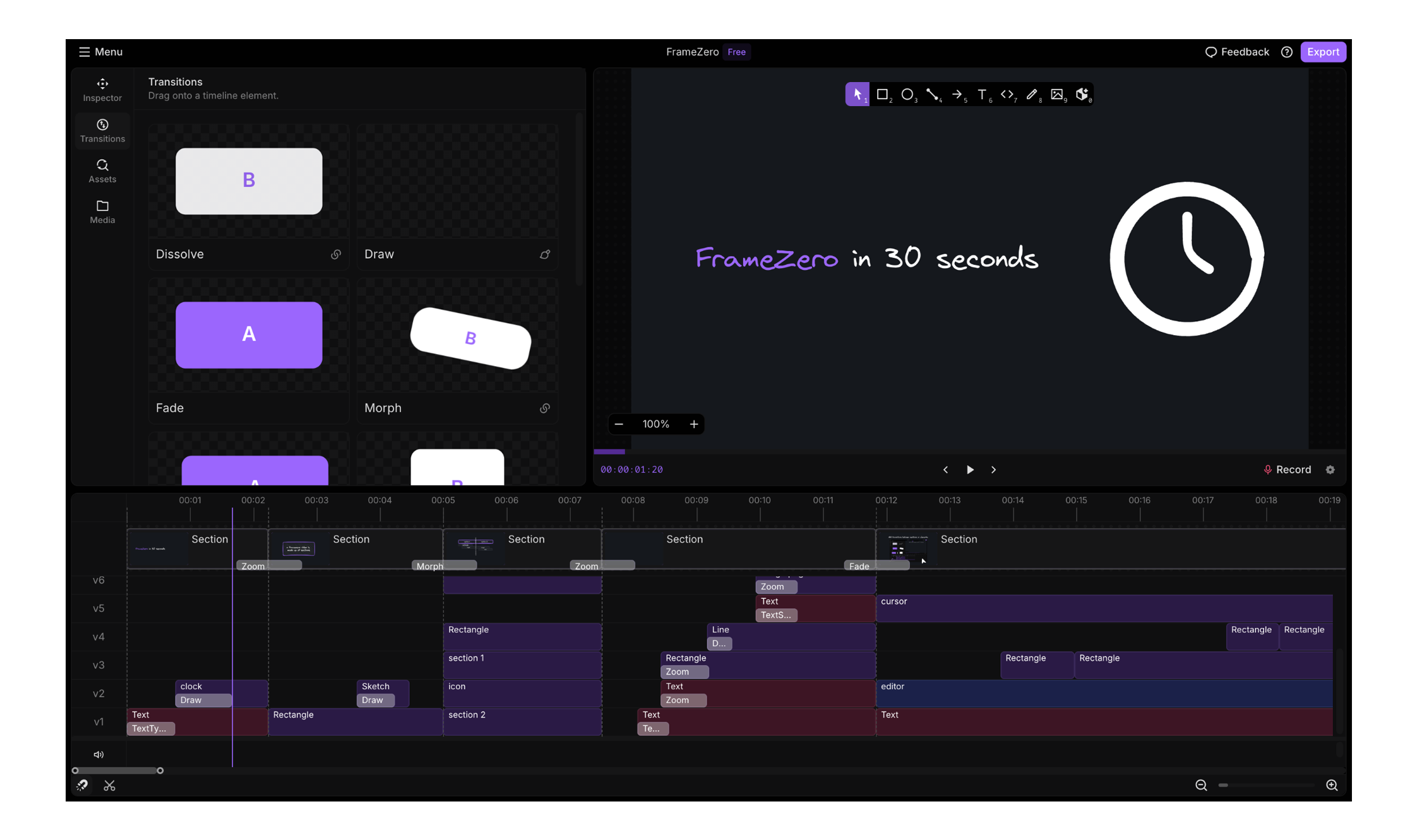 FrameZero editor overview showing the canvas, sidebar, timeline, and inspector