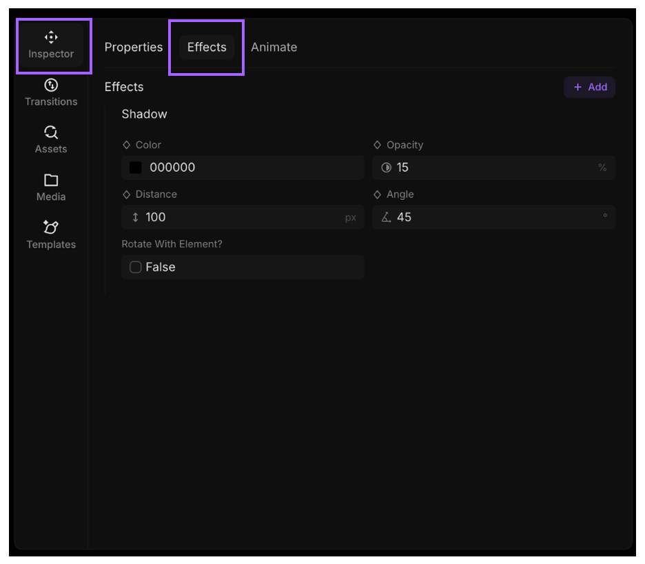 FrameZero Inspector Effects section showing added effects on a selected layer