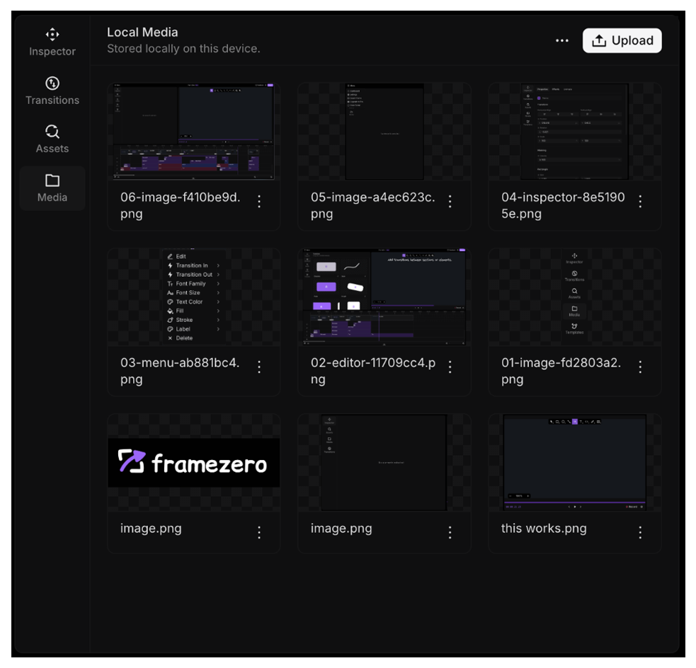 FrameZero Media Library Sidebar with a images uploaded to a project