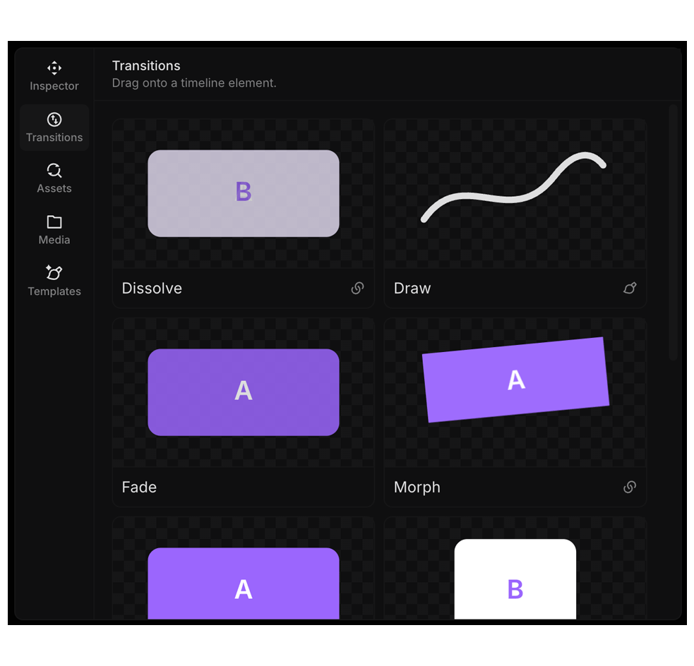 Transitions panel in the sidebar with a transition being dragged onto a timeline element